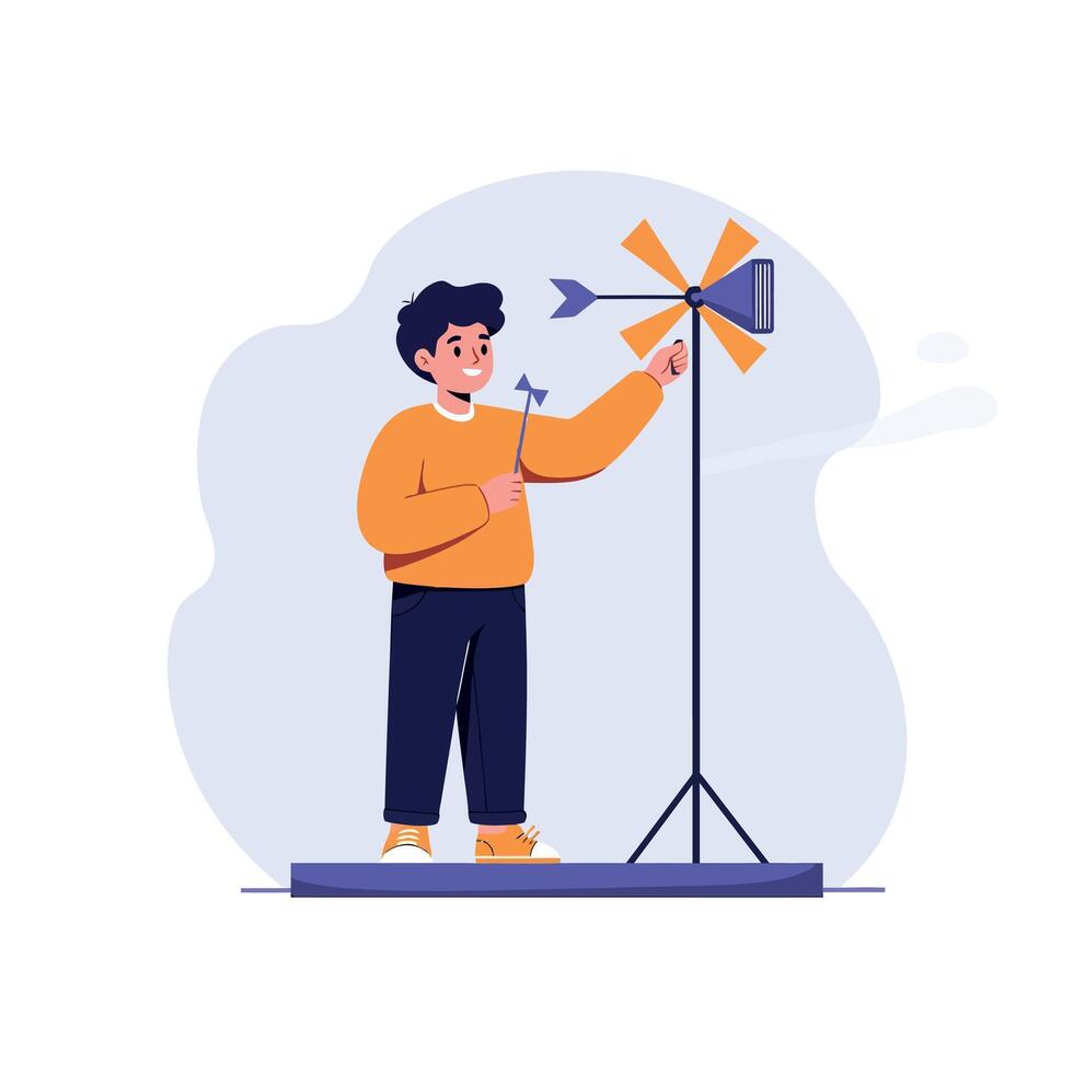 Young boy adjusting orange wind vane device in minimal flat style art, cheerful learning activity outdoors, educational and playful atmosphere for children vector