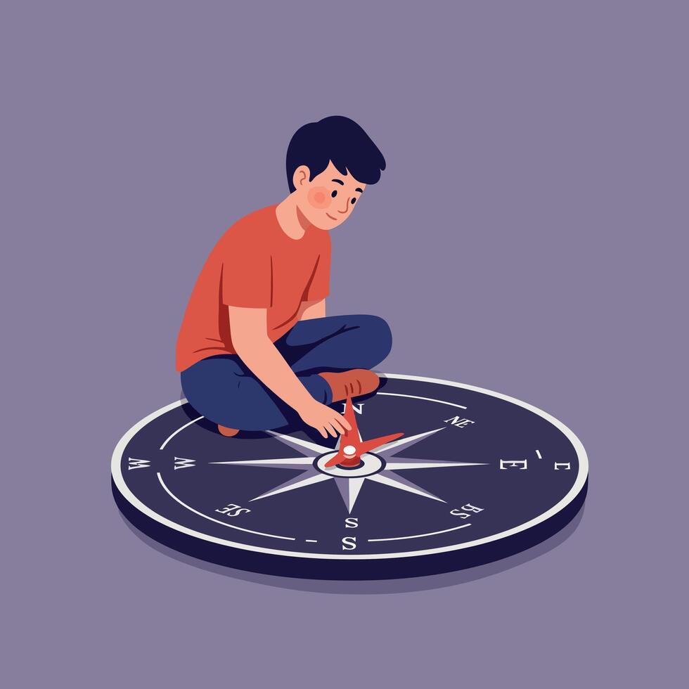 Young boy sitting on large compass in minimal flat style, exploring directions with curiosity and focus, thoughtful mood illustration vector