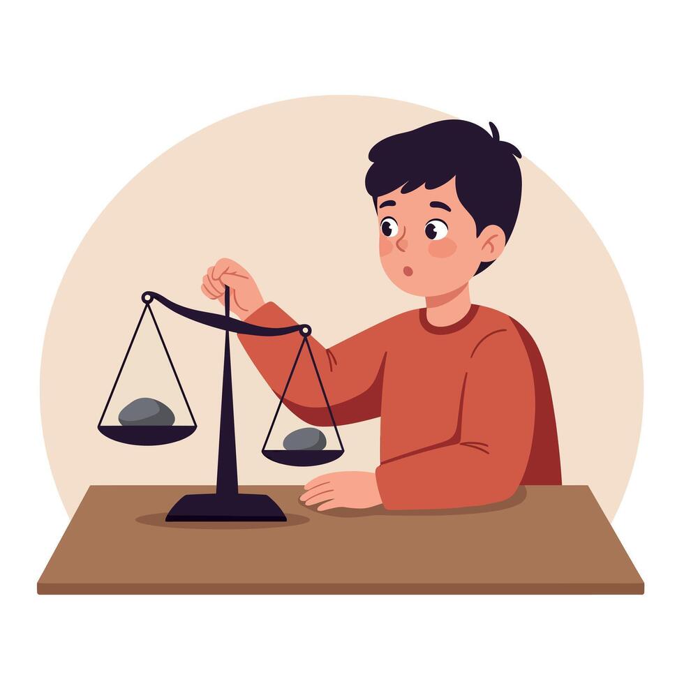 Young boy in red shirt carefully weighing stones on balance scale flat minimal art illustration with calm and thoughtful atmosphere at wooden table vector