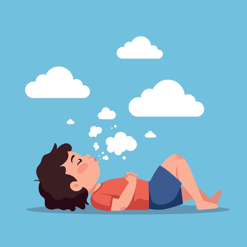 Young boy lying on green grass under blue sky with drifting clouds, relaxed and thoughtful, flat minimal art vector