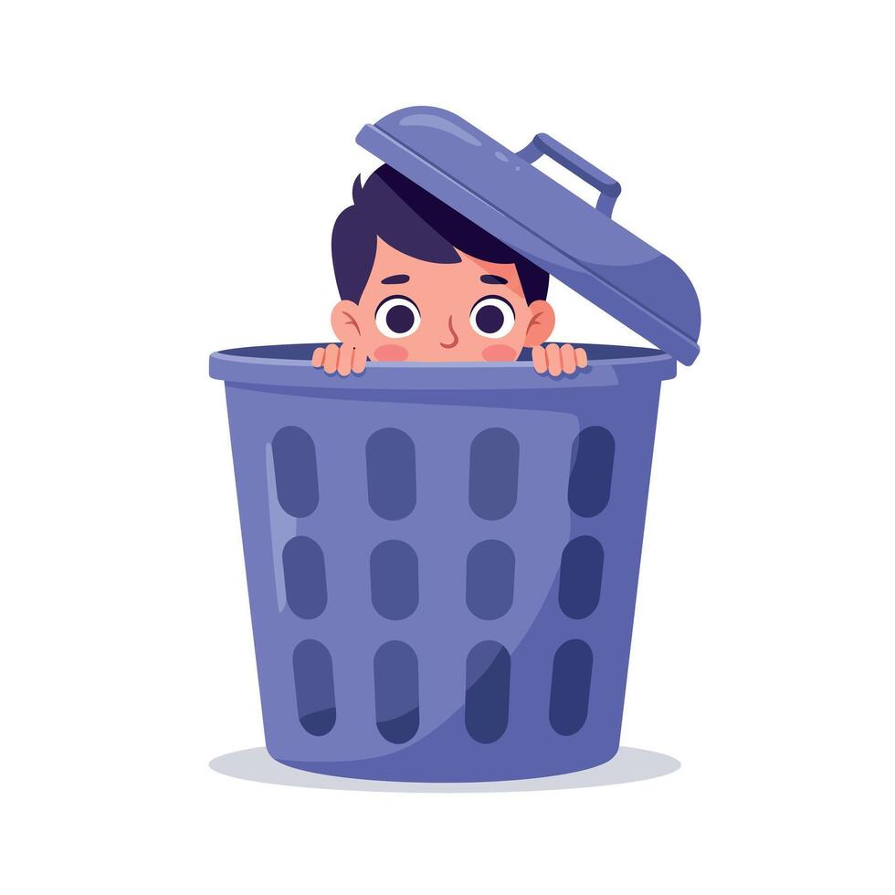 Young boy with dark hair hiding inside purple trash bin, playful flat cartoon minimal art illustration with surprised facial expression and whimsical mood vector