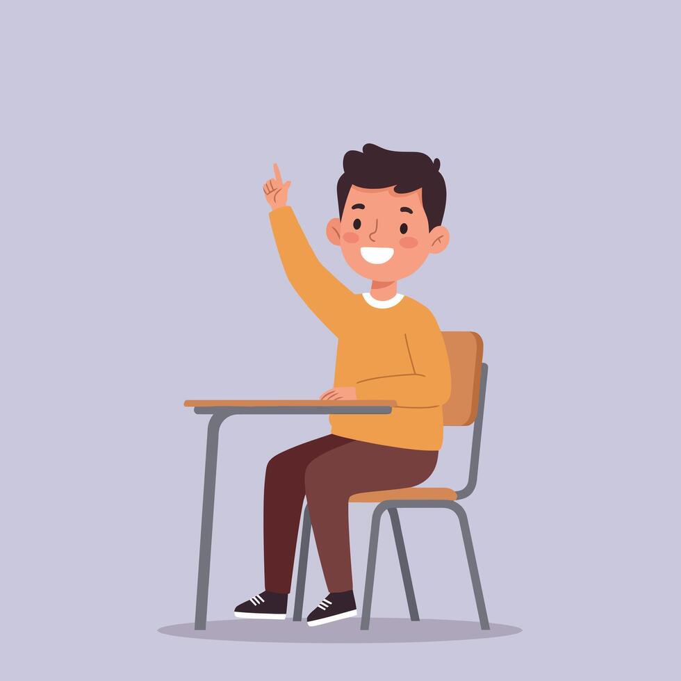 Smiling young boy in yellow sweater raising hand at classroom desk minimal flat style illustration vector