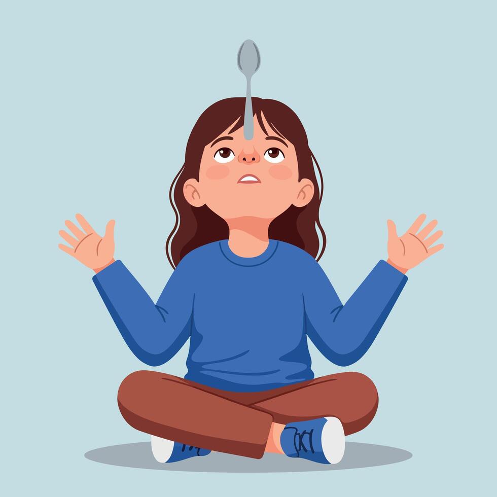 Young girl in blue shirt balancing silver spoon on nose in flat minimal art style playful sitting pose illustration vector