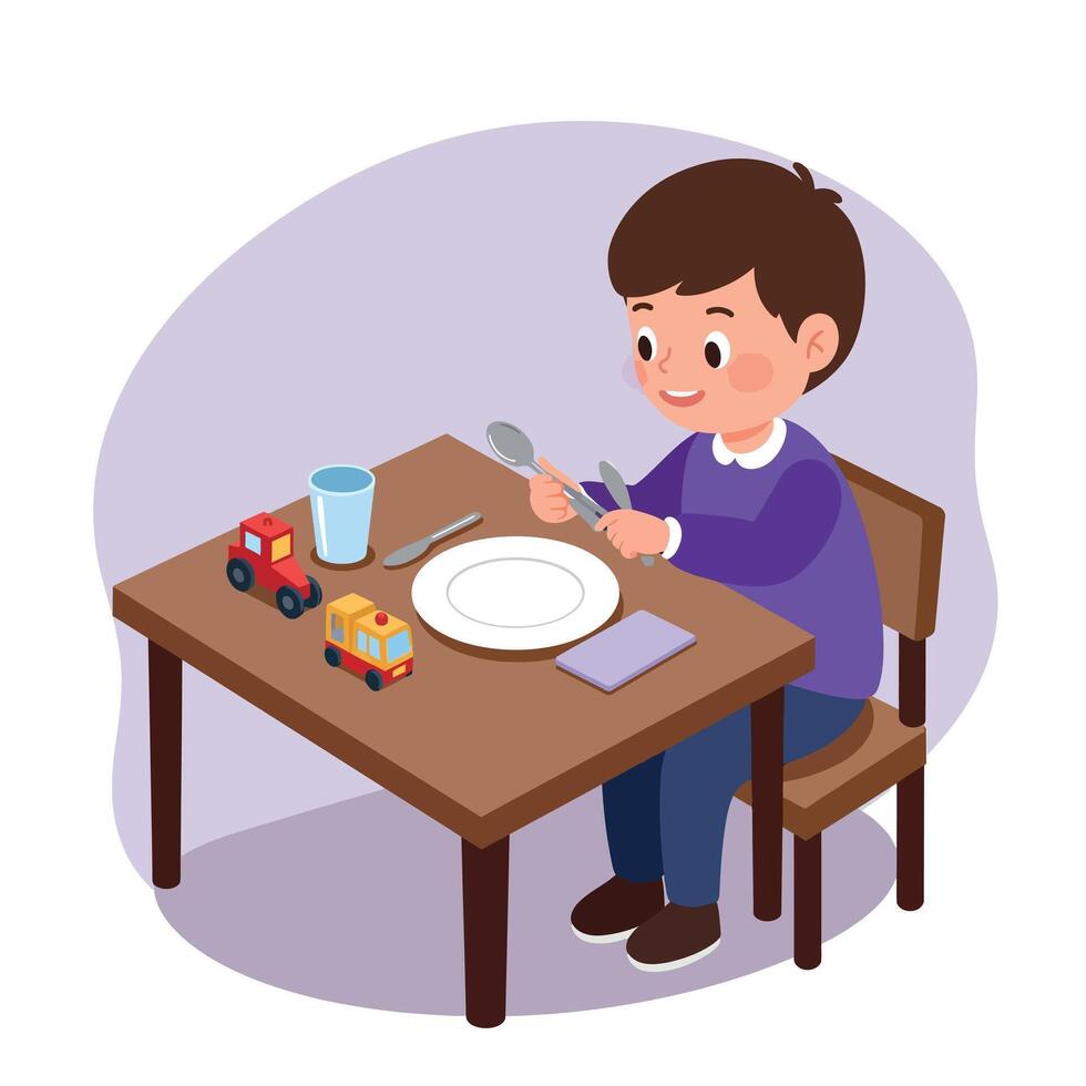 Young boy in purple shirt sitting at wooden table with toy cars and empty plate in flat minimal art vector