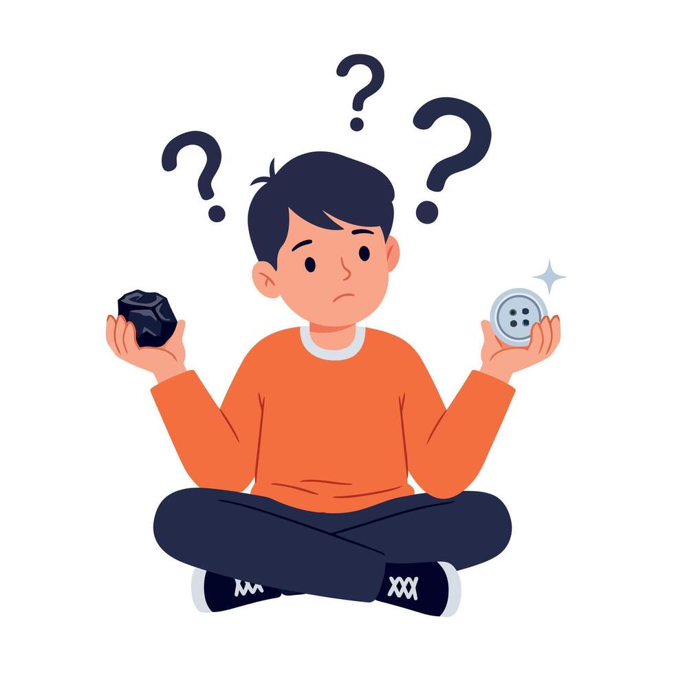 Confused young boy in orange sweater sitting cross-legged holding two different objects in flat minimal art style with puzzled expression and question marks above vector