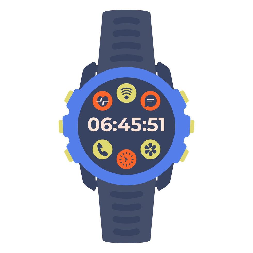 Smart watch icon isolated on white background. Modern Hand watch with black strap. Circle Smart watch top view. Digital watch with App icons. vector
