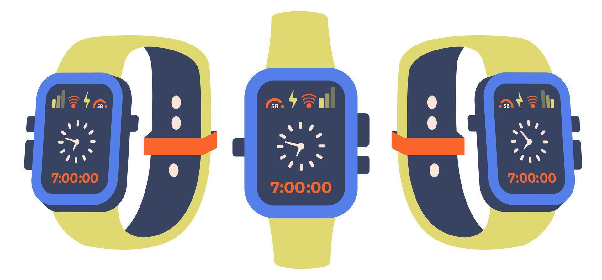 Smart watch icon isolated. Electronic gadgets set. Trendy Hand watch with Colour strap and Square watch screen. Smart watch top view. Digital watch with App icons. illustration vector