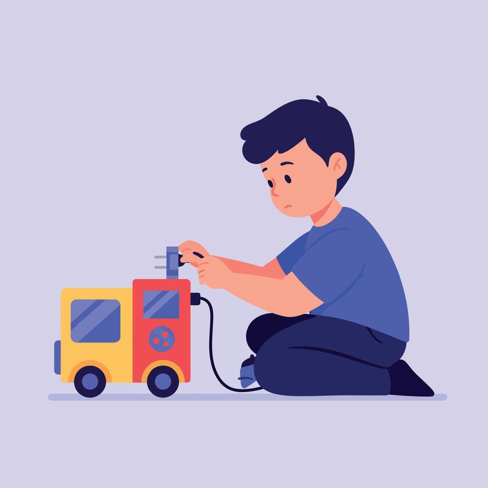 Young boy in blue shirt assembling a yellow toy car with wires in flat minimal style illustration vector