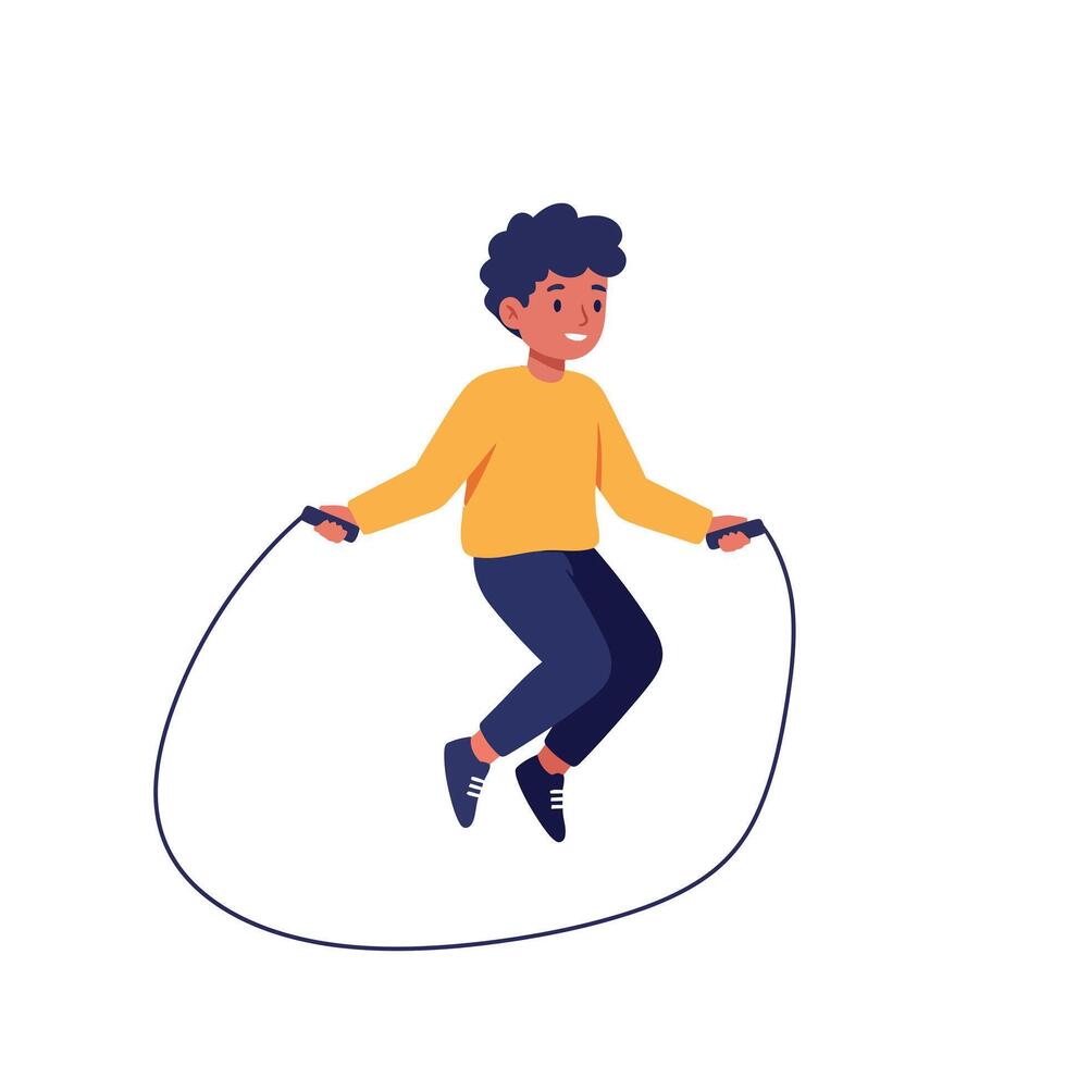 Smiling young boy with curly hair in yellow sweater skipping rope in flat minimal style playful illustration art vector