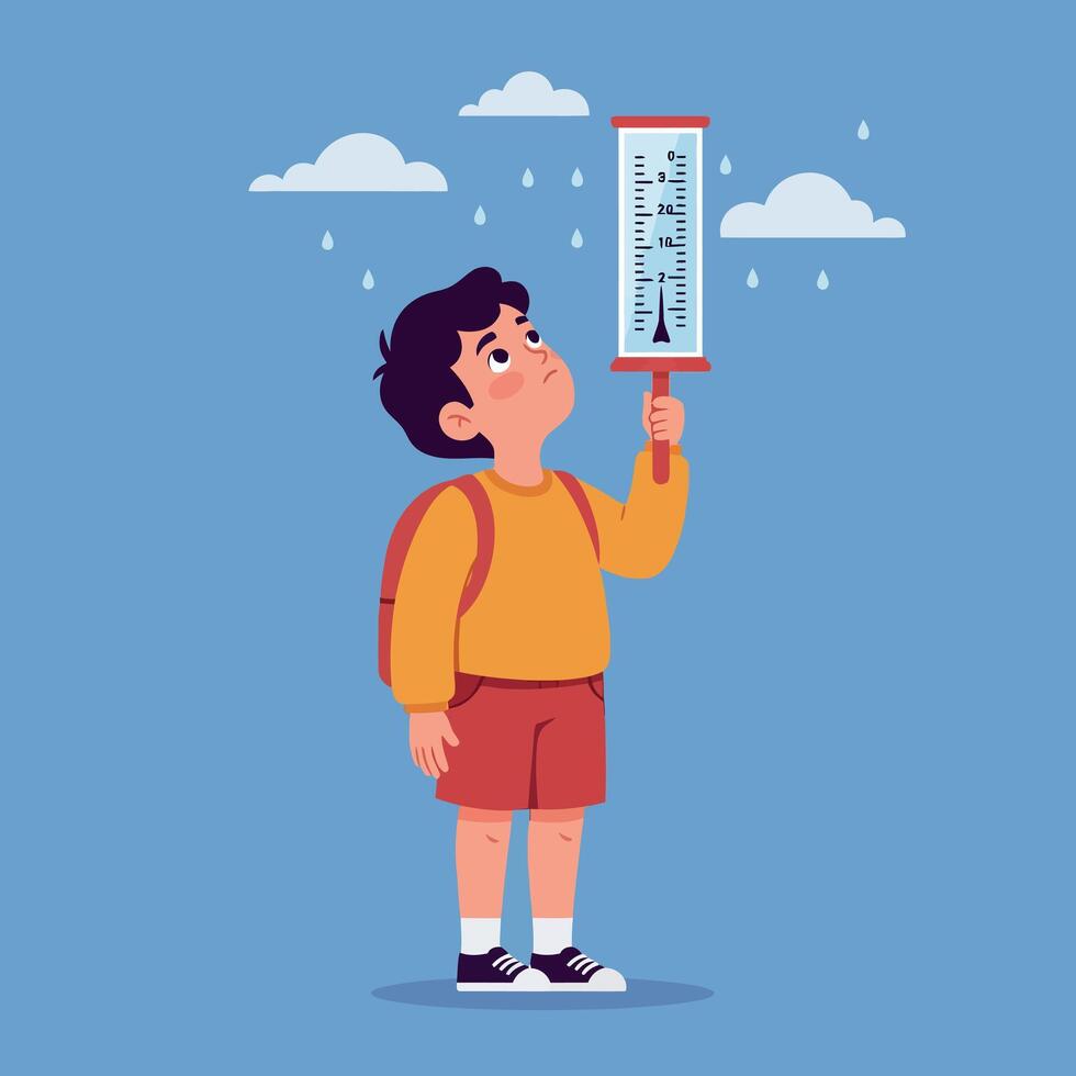 Young boy in red shorts holding rain gauge under clouds flat minimal art with playful scientific mood and weather observation theme for educational use vector