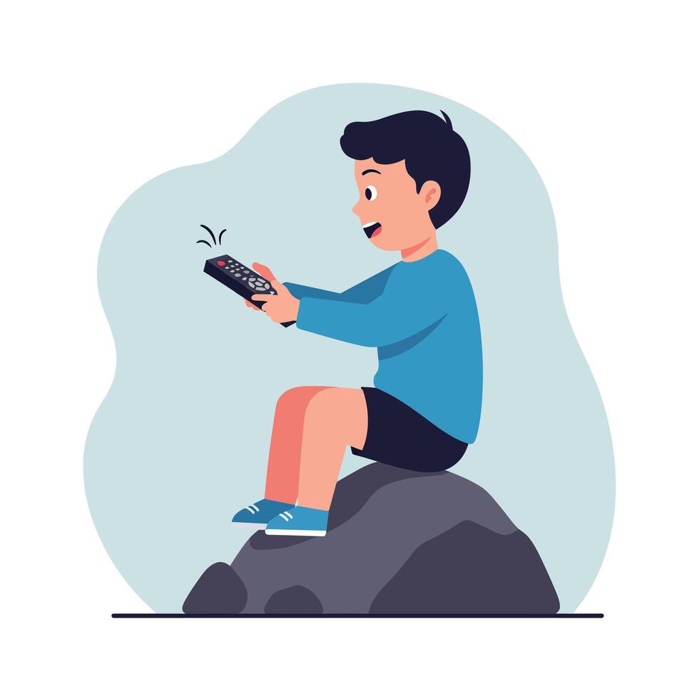 Young boy in blue shirt sitting on rock enthusiastically holding remote control flat minimal art vector