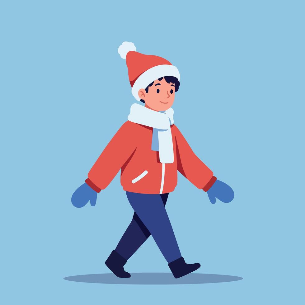 Young boy in red winter jacket and hat walking outdoors in flat minimal style cheerful illustration vector