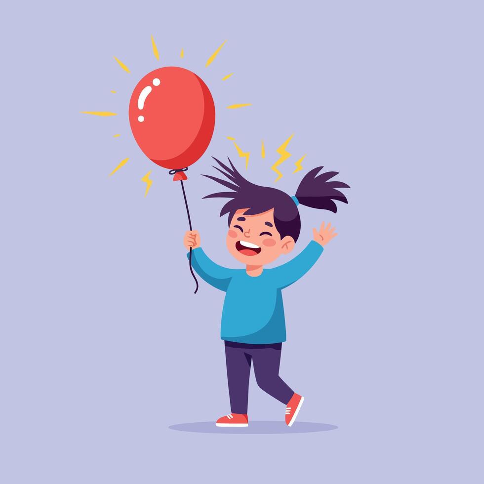 Smiling young girl with pigtails holding bright red balloon in playful flat minimal art with cheerful and energetic mood vector