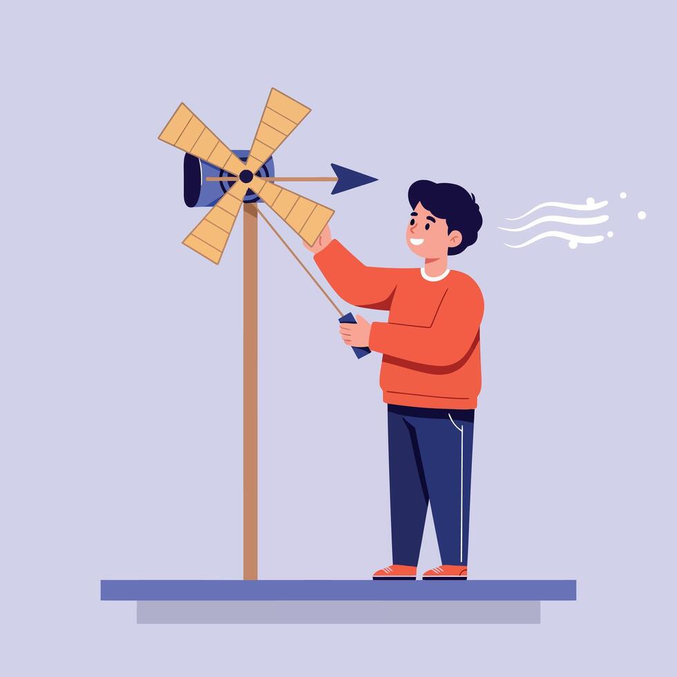 Young boy in red sweater adjusting wooden windmill in minimal flat style art with calm and educational atmosphere and soft neutral background tones vector