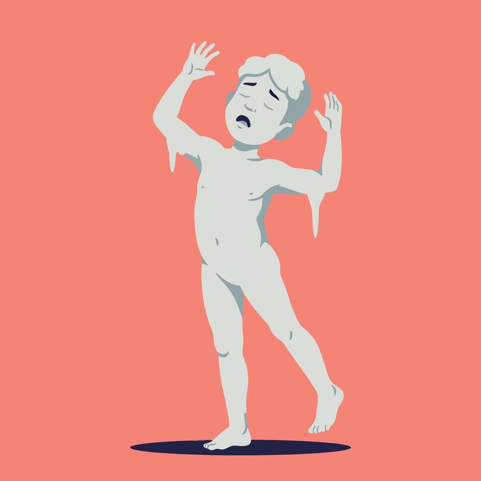 Melting human figure with distressed expression in minimal flat design style on coral background dramatic surreal art vector