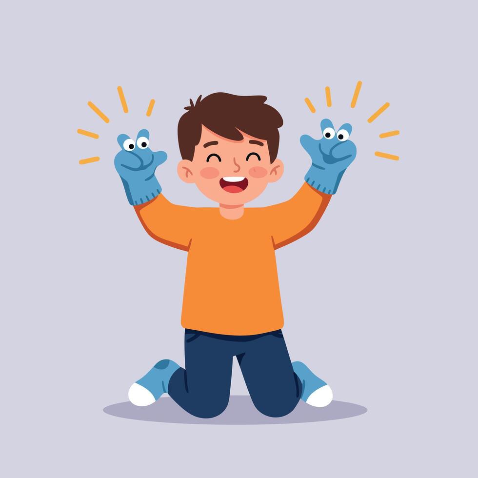 Smiling young boy with brown hair kneeling and playing with blue hand puppets in cheerful flat minimal art illustration vector