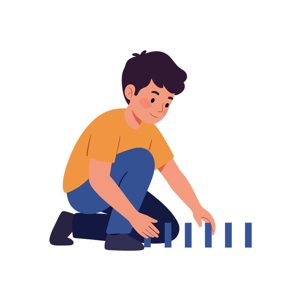 Young boy in orange shirt arranging domino pieces on floor, flat minimal design, focused child at play, quiet thoughtful scene illustration vector