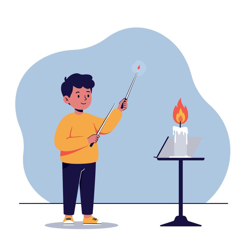 Young boy lighting a candle using a stick in flat minimal art style, indoor setting, demonstrating curiosity and careful concentration, calm and focused mood illustration vector