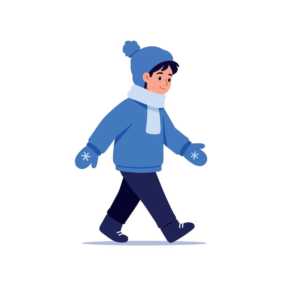 Young boy in blue winter clothing walking happily, flat minimal style art with cheerful mood and simple seasonal design elements for winter scenes illustration vector