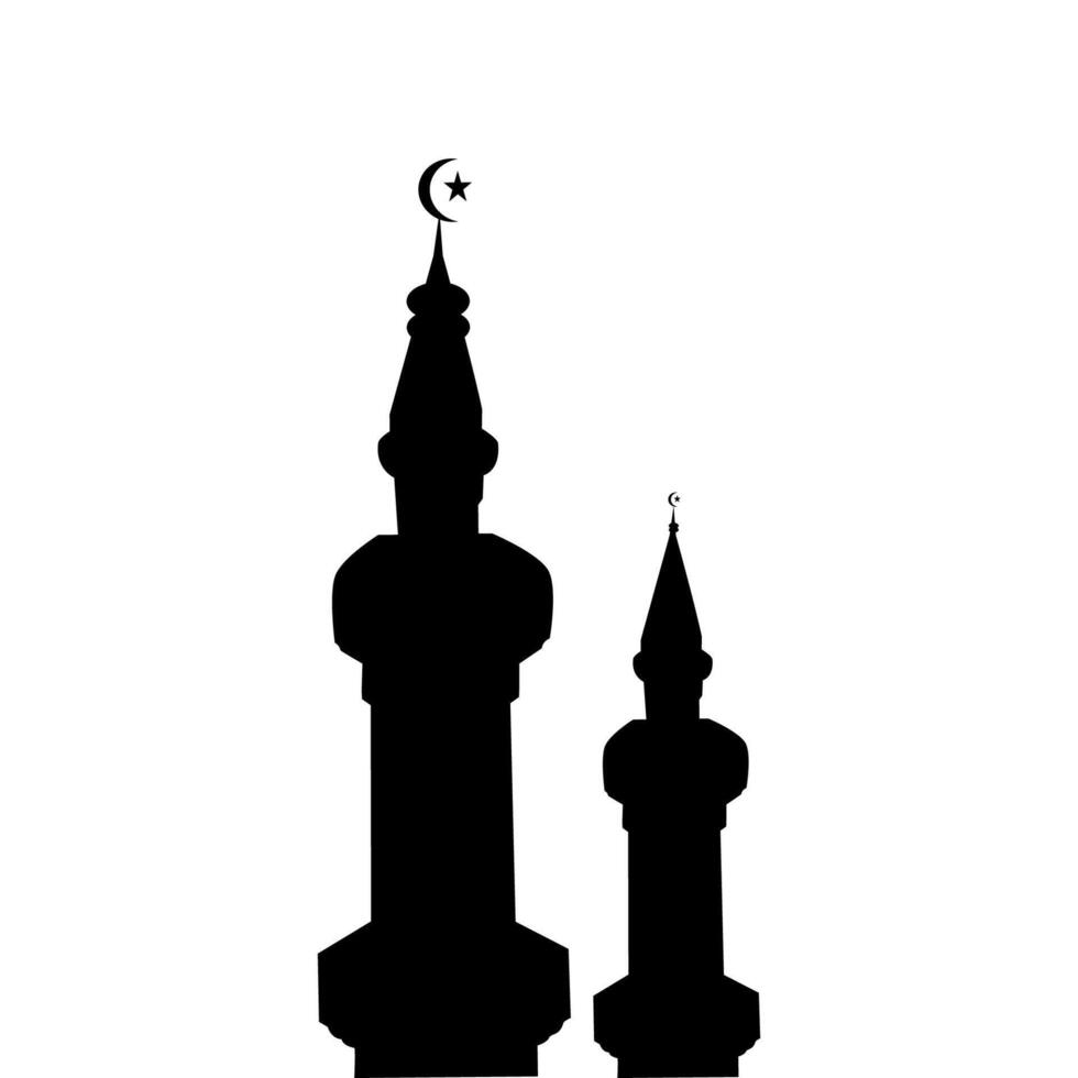 Silhouette of Islamic Mosque Minaret with Crescent Moon and Star Symbol, Religious Architectural Icon for Spirituality, Worship, and Ramadan Concept vector