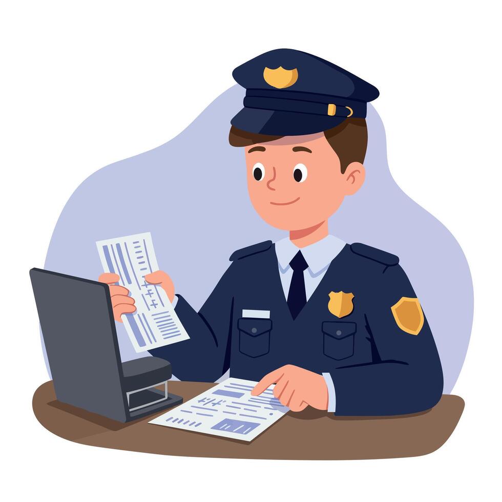 Police officer in uniform reviewing documents at desk with laptop in flat colorful minimal art style illustration vector