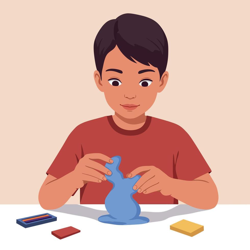 Young boy with dark hair shaping blue clay at white table in flat minimal art style, focused creative expression and soft indoor atmosphere illustration vector