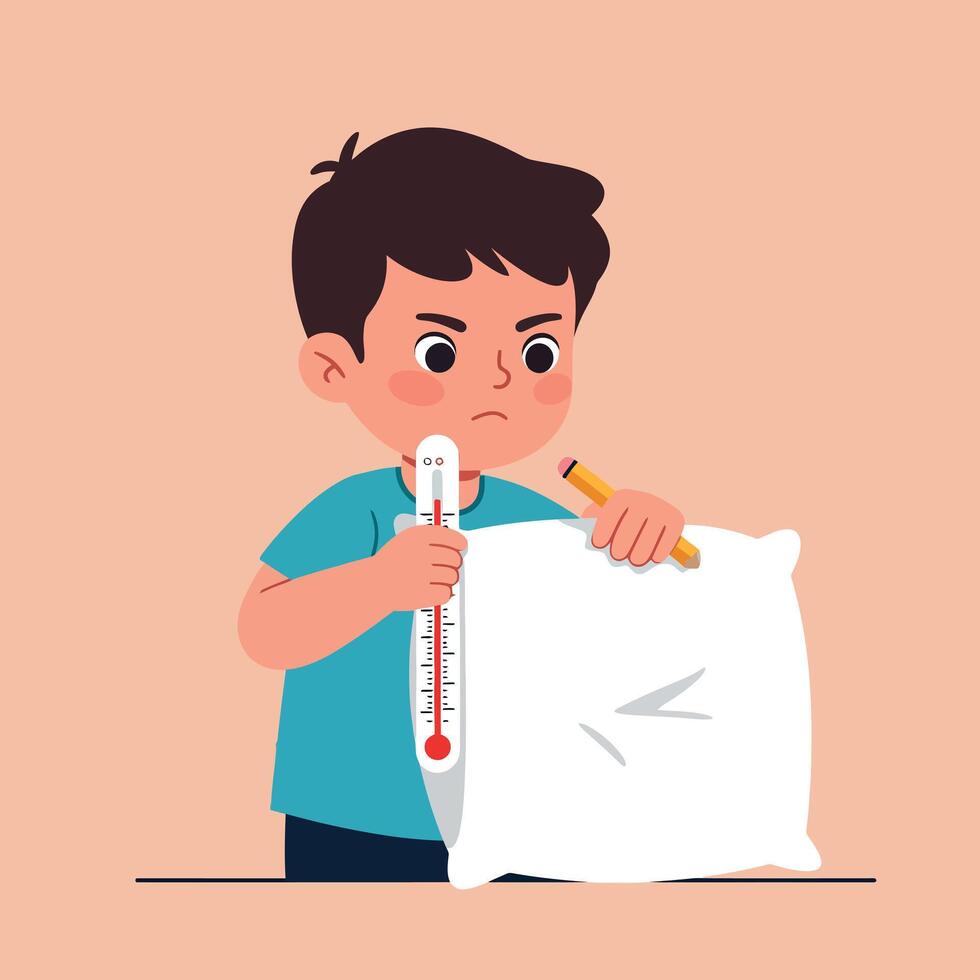 Young boy checking temperature with thermometer and holding pillow in flat minimal art illustration with worried facial expression and calm indoor atmosphere vector