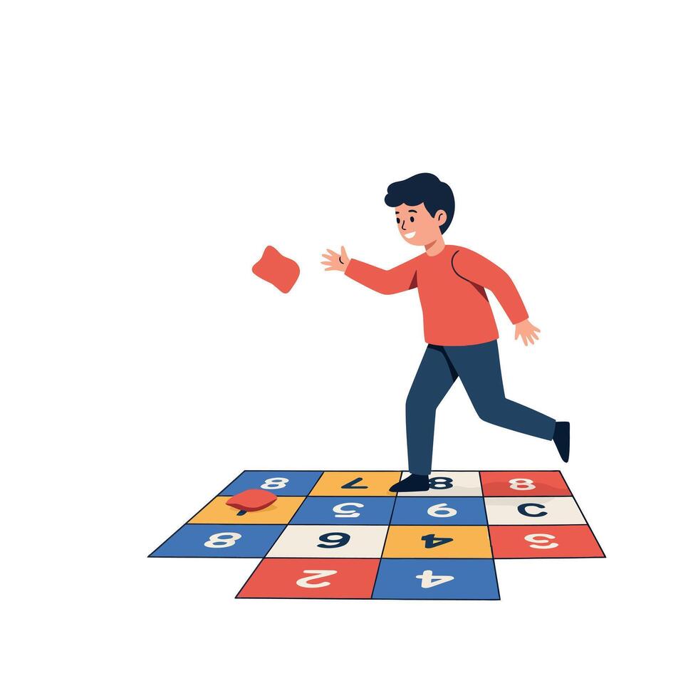 Young boy playing hopscotch on colorful numbered squares in flat minimal art, expressing playful energy and focus in a cheerful childhood outdoor activity scene illustration vector