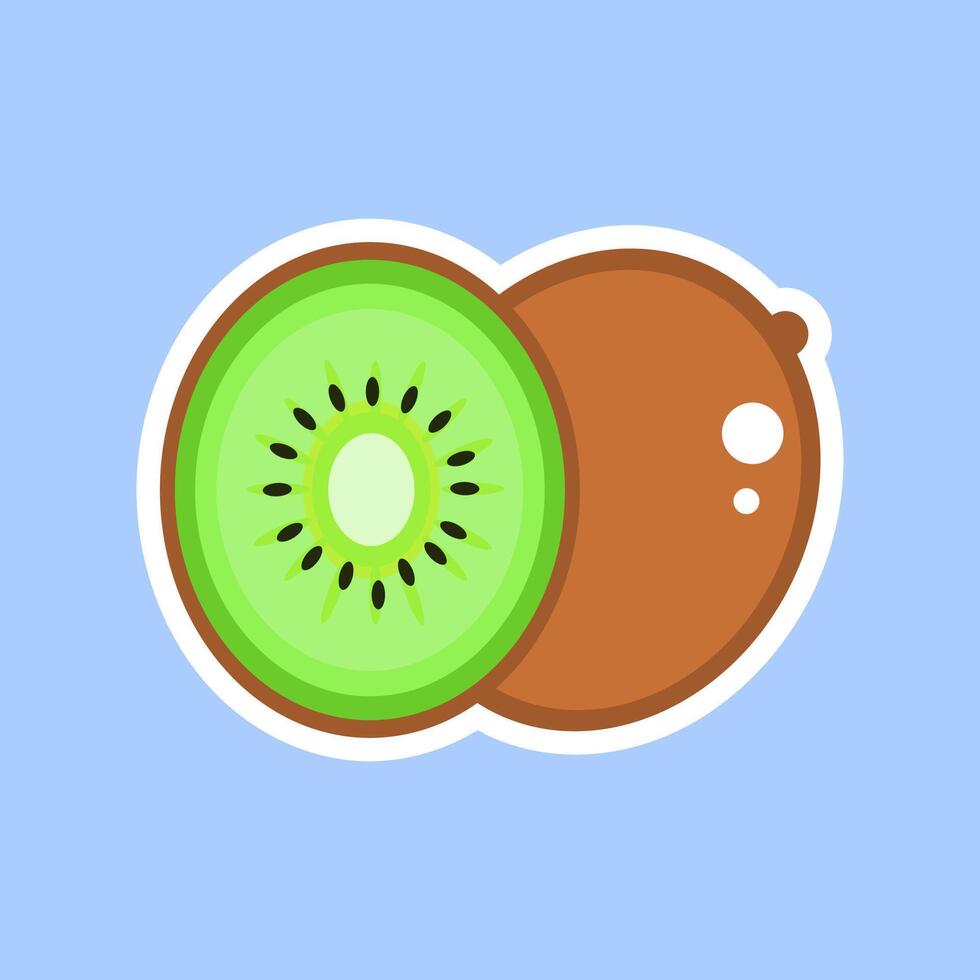 Cute kiwi fruit icon with one half showing green flesh and black seeds, and one whole brown kiwi, outlined sticker style vector