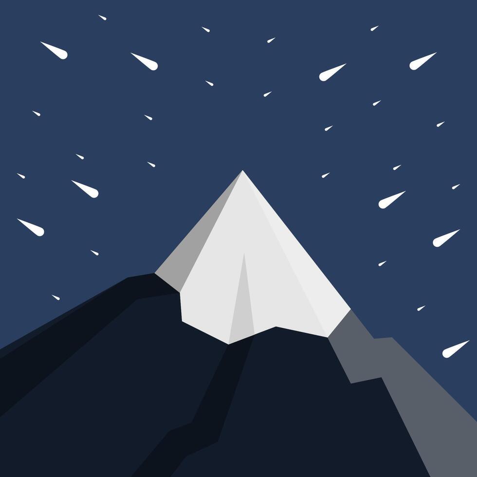 snowy mountain peak with dark slopes under night sky full of falling snow or stars, flat geometric style winter landscape for adventure, travel, or nature themes vector
