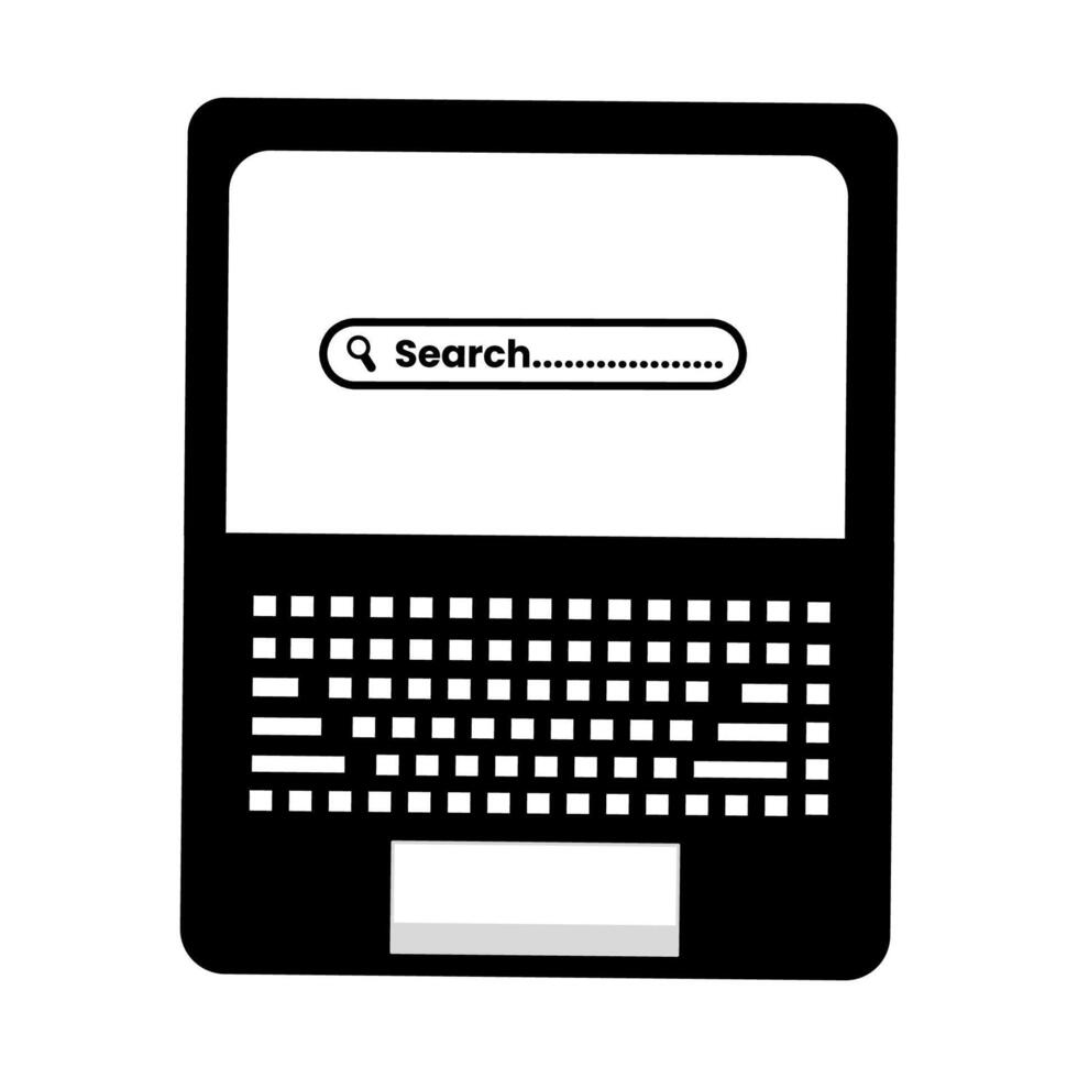 Black and White Laptop with Search Bar on Screen and Keyboard, Digital Technology Concept for Internet Browsing, Online Search, and Modern Communication Icon vector