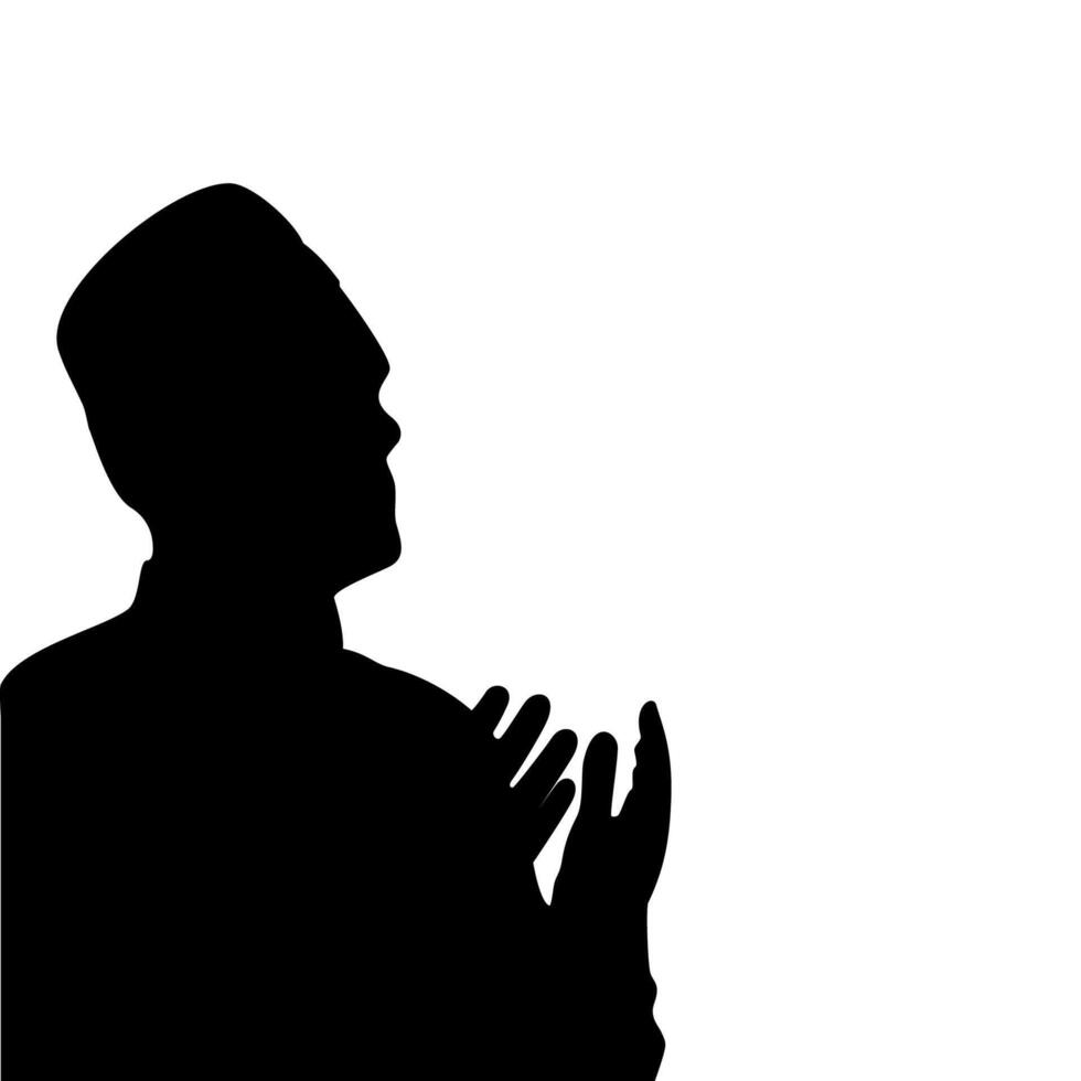 Silhouette of a Muslim Man Praying with Raised Hands Wearing a Cap vector