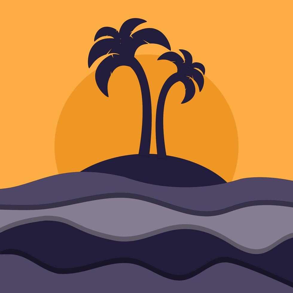 Tropical Island with Palm Tree Silhouette and Sunset over Wavy Sea, Summer Beach Landscape vector