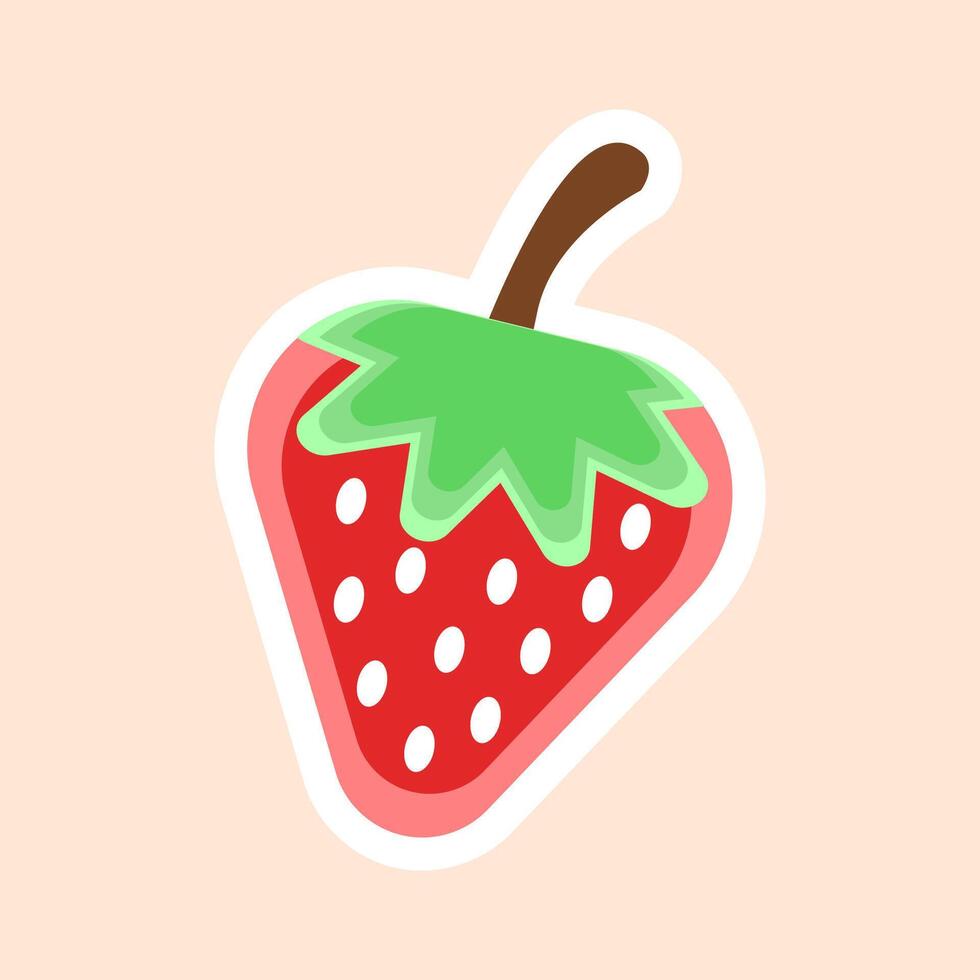 Cute Strawberry Sticker with Flat Cartoon Style, Bright Red Fruit Icon with Green Leaf and White Border on Soft Peach Background vector