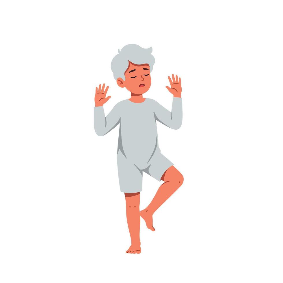 Young boy with white hair sleepwalking in pajamas minimal flat design with calm expression and gentle body posture illustration vector