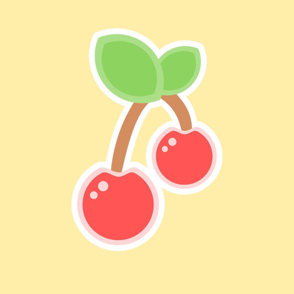 Illustration of cute cherry fruit with green leaves and soft yellow background vector