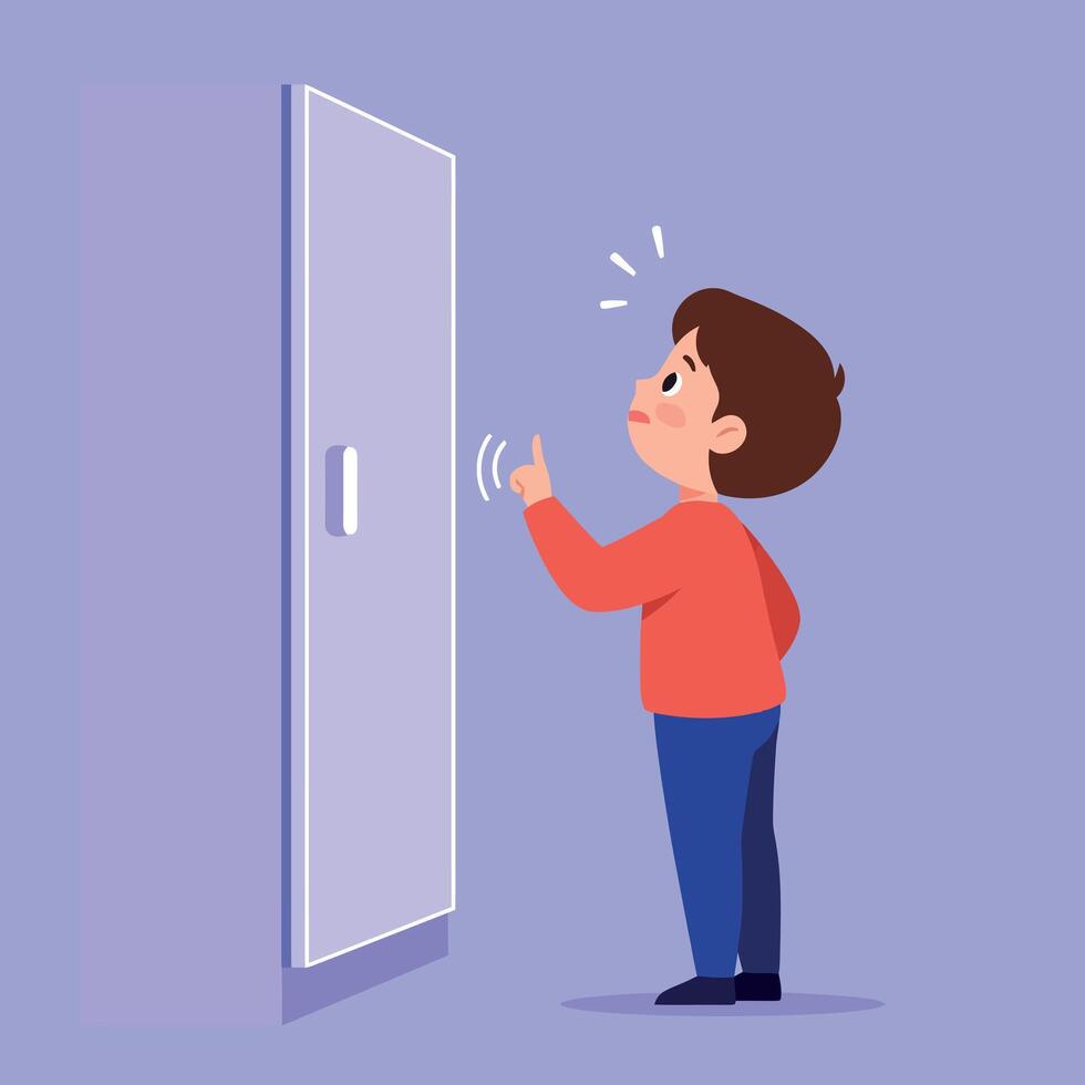 Young boy in red shirt politely knocks on closed door flat minimal art with soft colors and gentle indoor scene calm mood vector