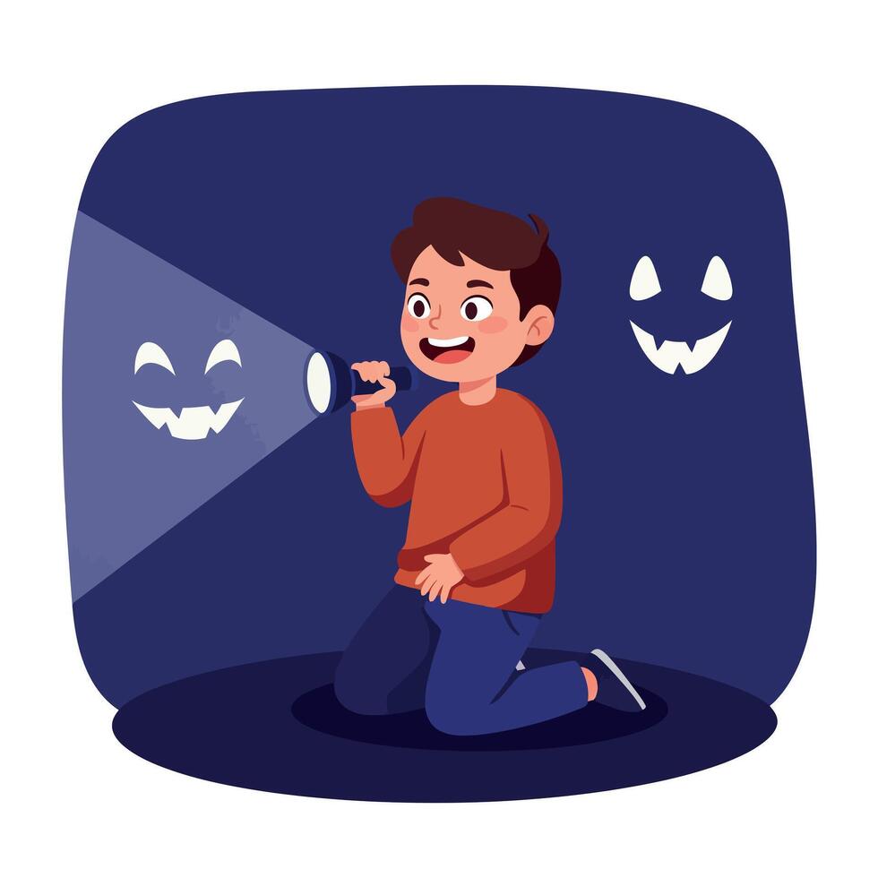 Young boy kneeling in dark room with playful expression shining flashlight creating monster shadows flat minimal illustration art vector