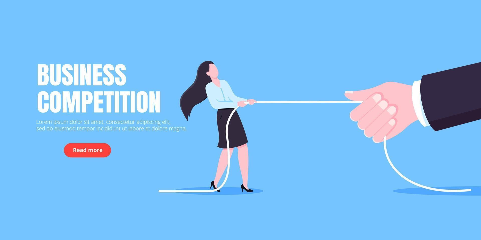 Business person play tug of war by pulling the rope with big hand. vector