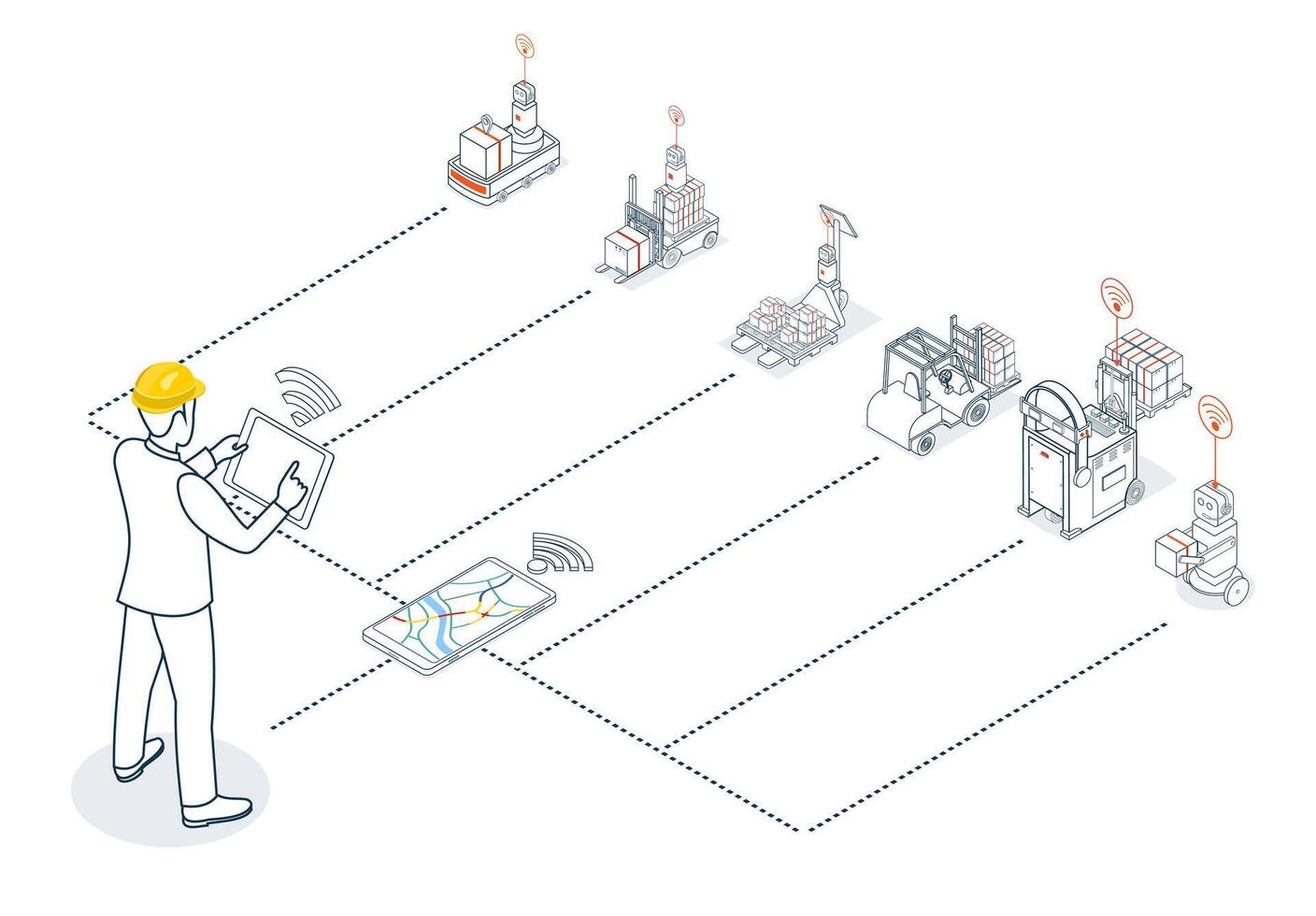 The warehouse worker manages Automated Guided Vehicles AGVs and Autonomous Mobile Robots AMRs within the warehouse facility using a tablet and wifi device. vector