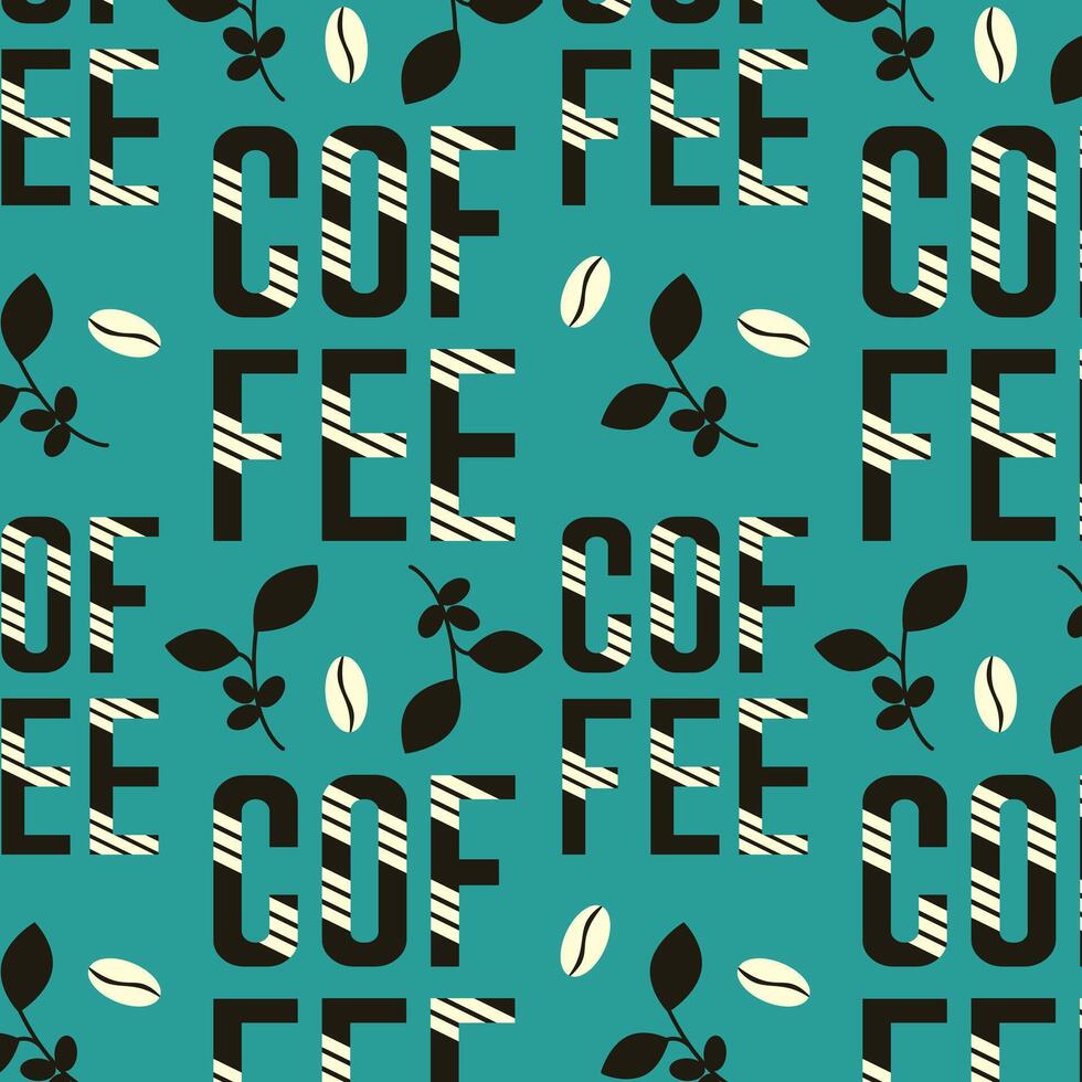 Coffee letters and beans on blue background, bright pattern. Breakfast. vector