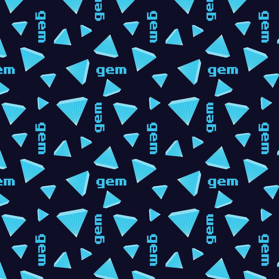 Pattern with game gems and crystals, pixel letters word GEM. Dark background, game world. vector