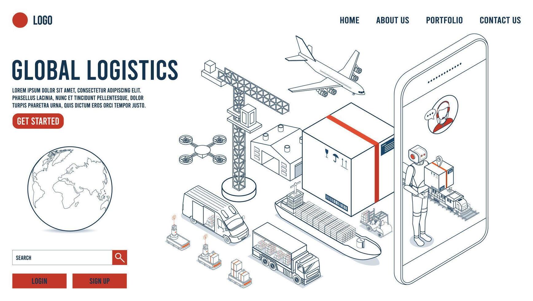 Global logistics Landing page with Warehouse Technology, Autonomous robot, Transportation operation service, Export, Import, Cargo, Air, Road, Maritime. vector