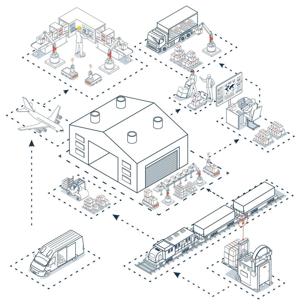 Global logistics network. 3D isometric scenes showing export-import operations via air, road, rail. Technological shipment innovation concept vector