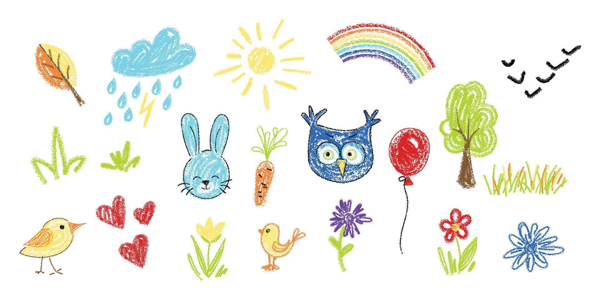 Kid doodle crayon or chalk hand scribble child drawings set. vector