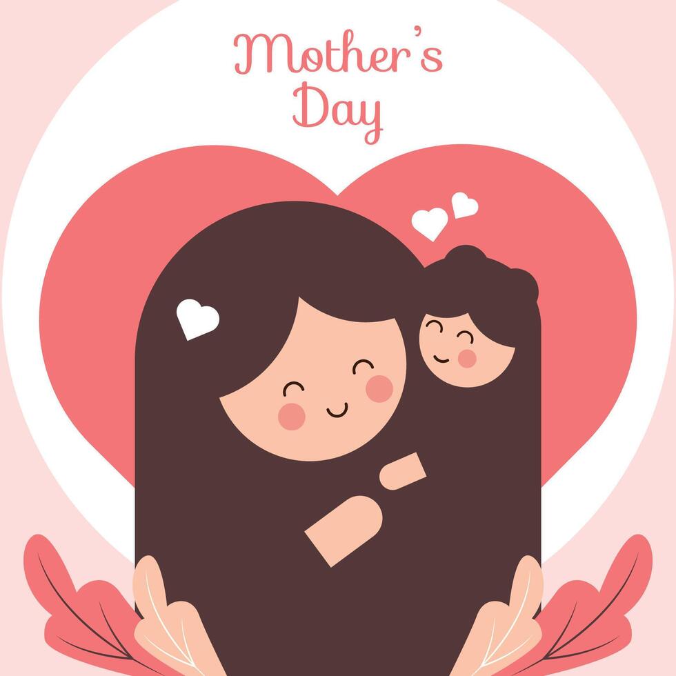 Minimalist Mother's Day Greeting Card with Heart and Tropical Leaf Illustrations, Warm Maroon Palette vector
