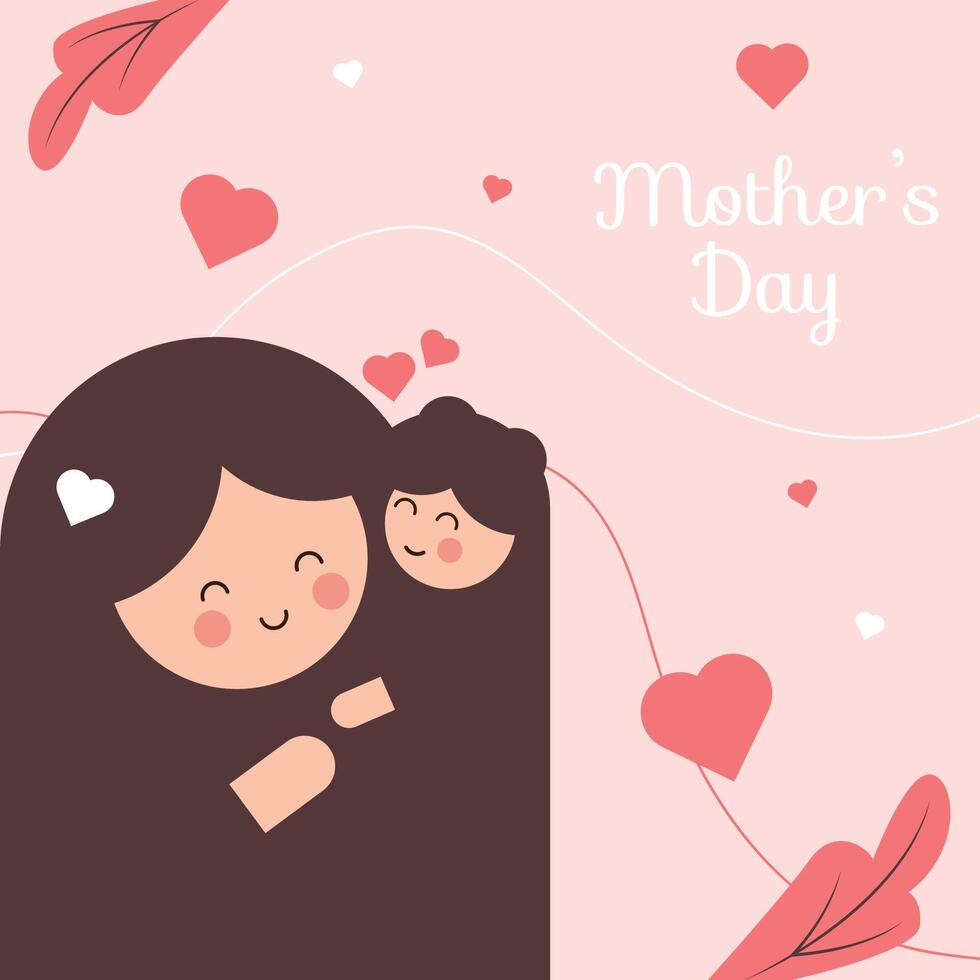 Minimalist Mother's Day Greeting Card with Heart and Tropical Leaf Illustrations, vector