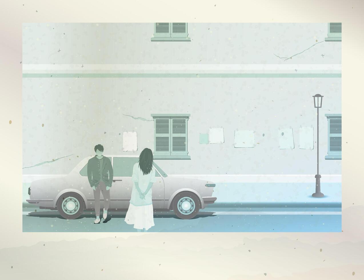 Old photograph film fade condition of couple of lover meeting at sidewalk in old town graphic illustration have blank space. vector