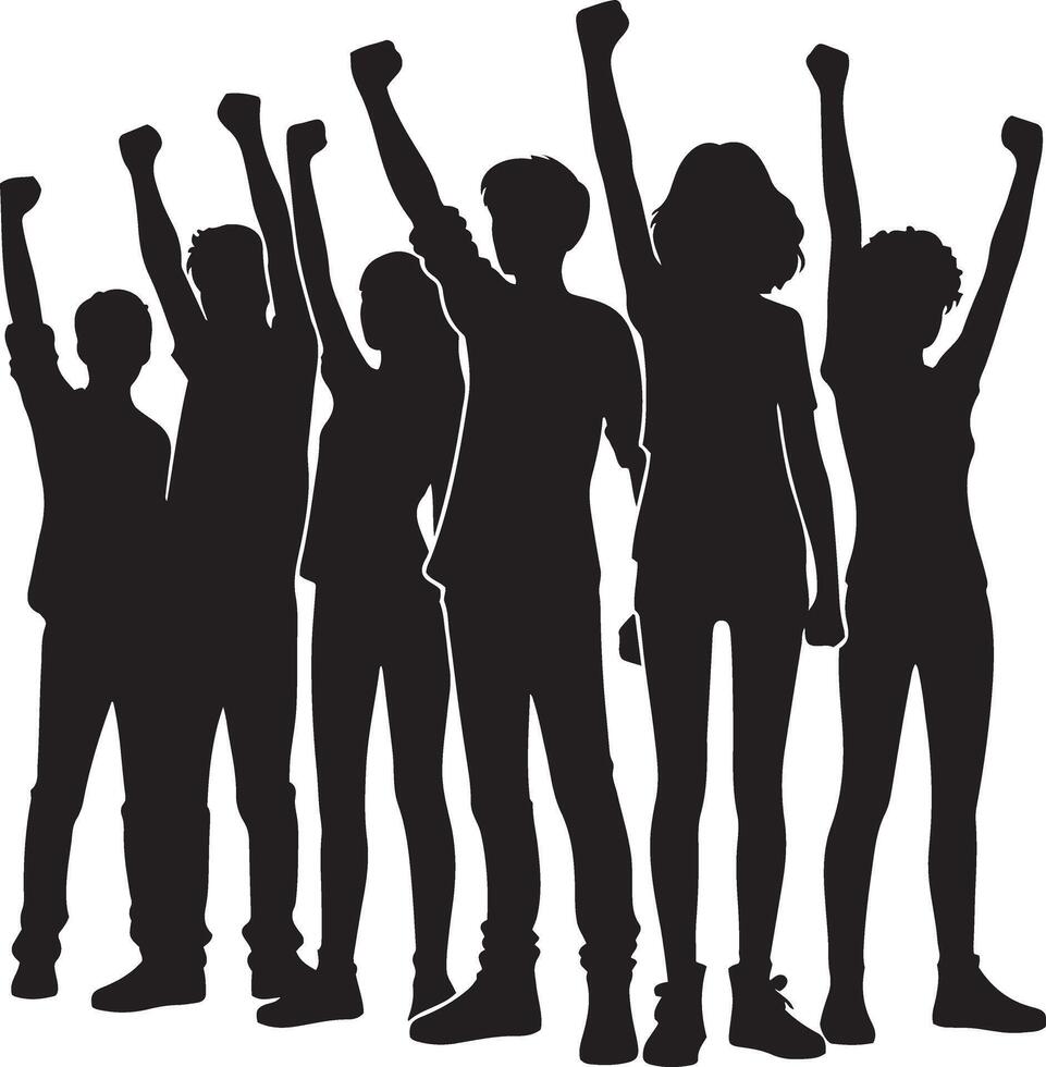 Young activists raising fists together in black silhouette design and protest illustration theme vector
