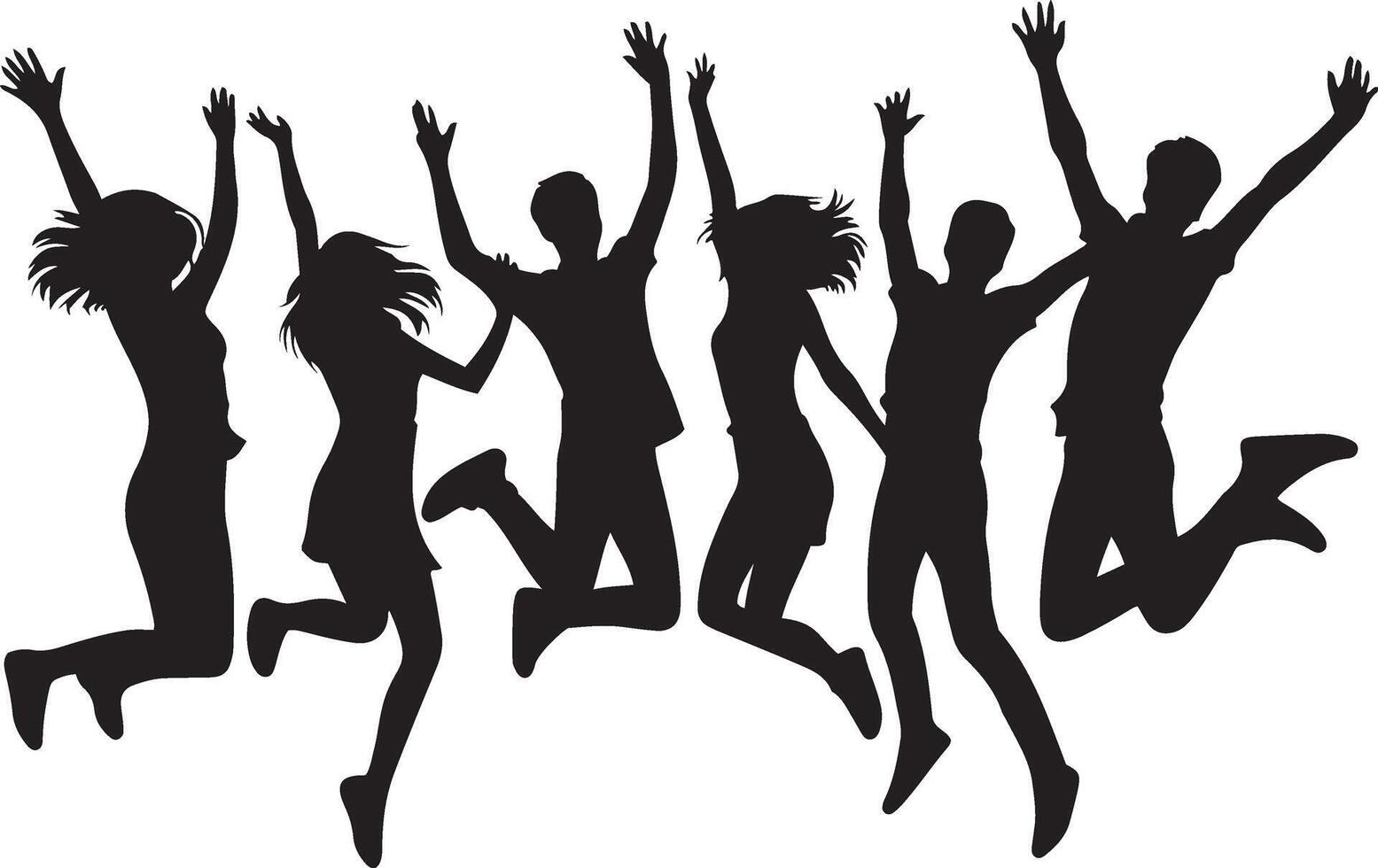 Happy youth jumping together in flat black silhouette design with celebration illustration style vector